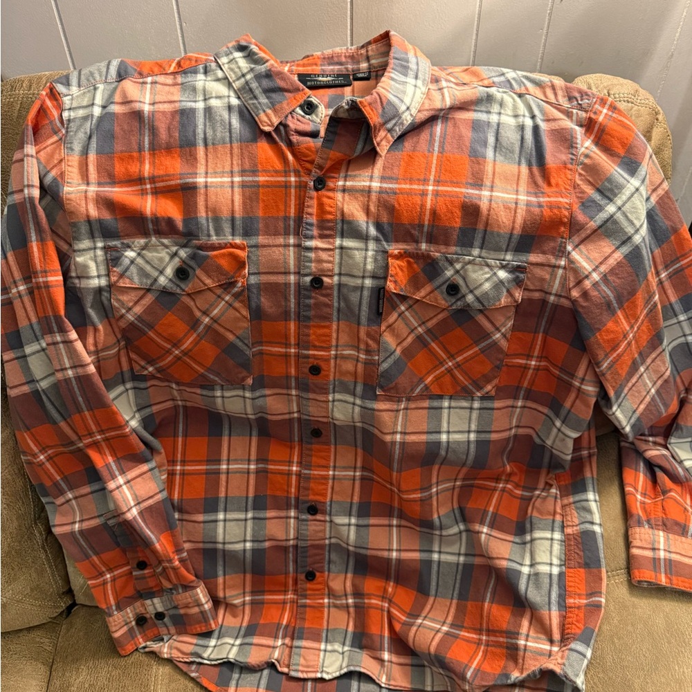 Harley-Davidson Orange and Gray Plaid Button Down Shirt